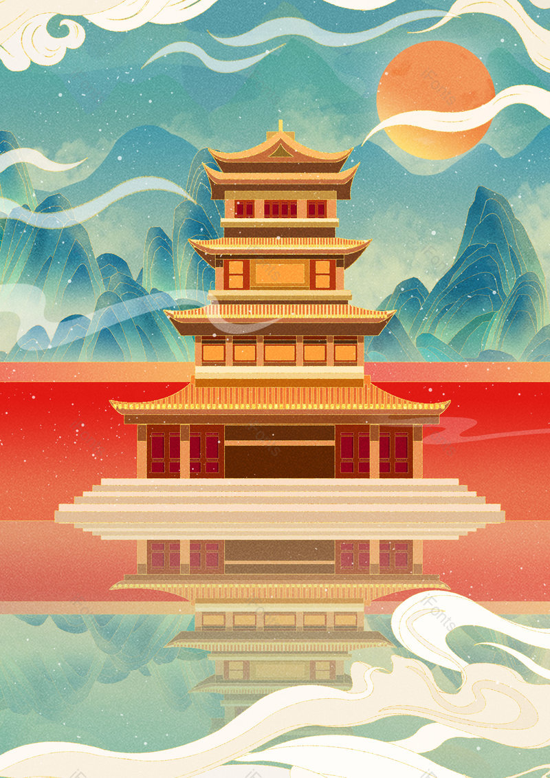 中国风国潮手绘建筑景点背景设计,插画/手绘图,插画/手绘图库,插画/手绘图下载,插画/手绘